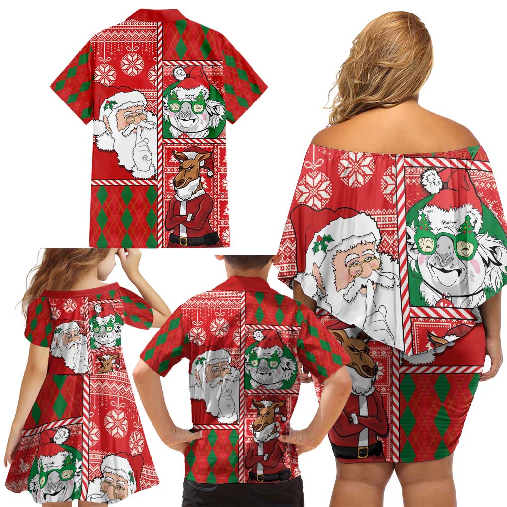 Australian Christmas Family Matching Off Shoulder Short Dress and Hawaiian Shirt - Santa Koala Kangaroo and Holiday Cheer - Wonder Print Shop