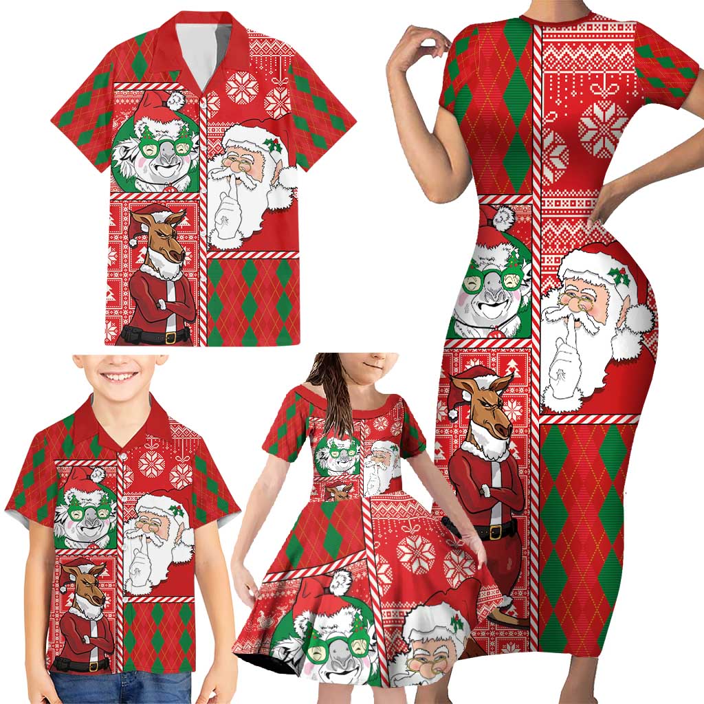 Australian Christmas Family Matching Short Sleeve Bodycon Dress and Hawaiian Shirt - Santa Koala Kangaroo and Holiday Cheer - Wonder Print Shop