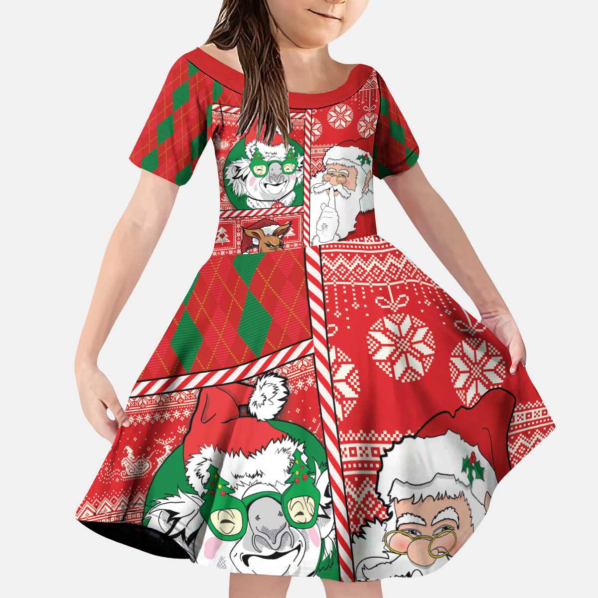Australian Christmas Kid Short Sleeve Dress - Santa Koala Kangaroo and Holiday Cheer - Wonder Print Shop