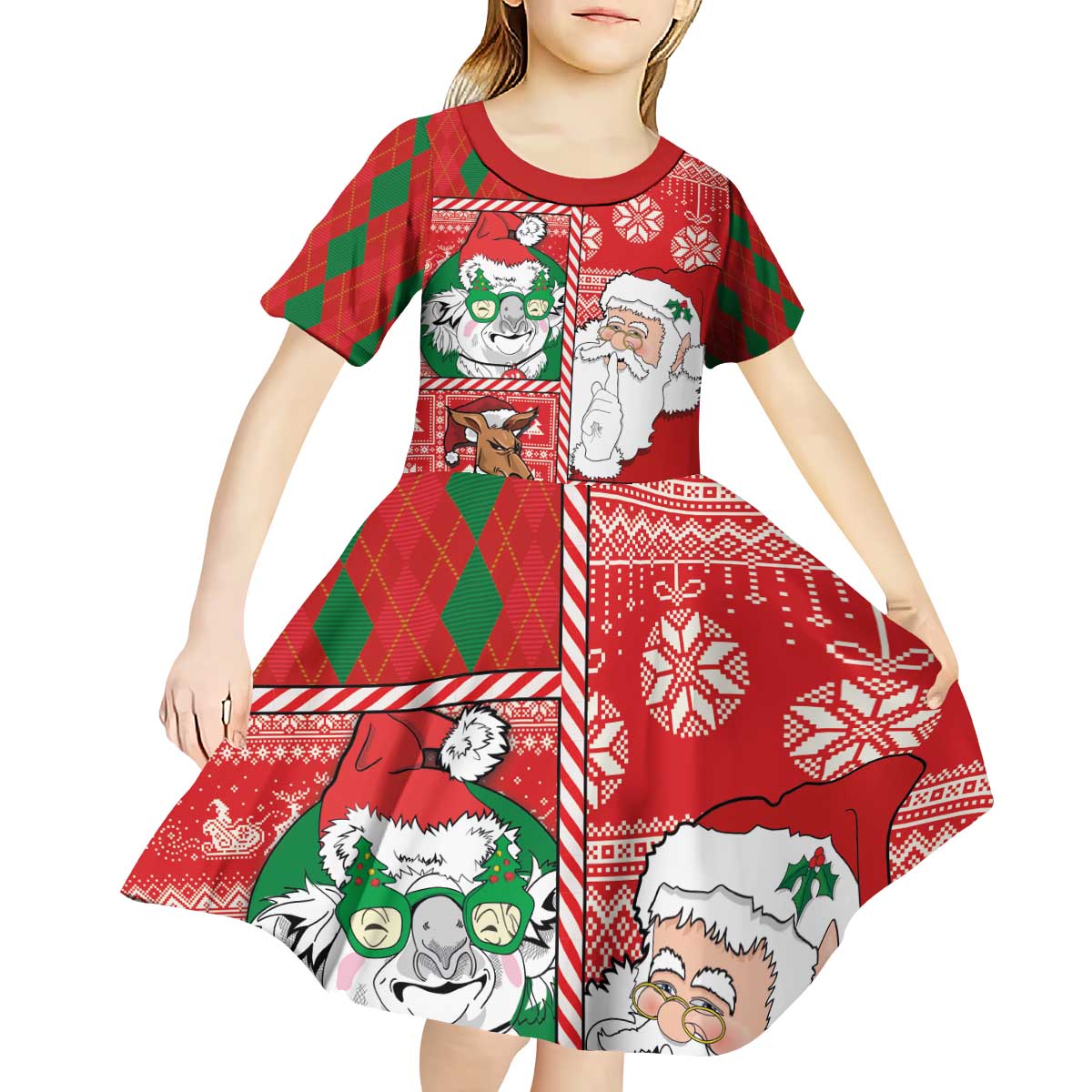 Australian Christmas Kid Short Sleeve Dress - Santa Koala Kangaroo and Holiday Cheer - Wonder Print Shop