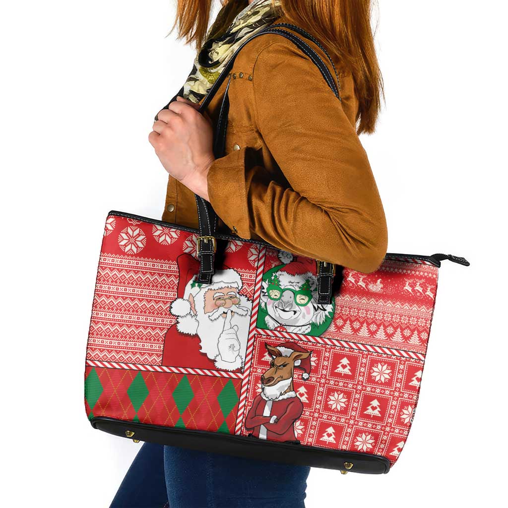 Australian Christmas Leather Tote Bag - Santa Koala Kangaroo and Holiday Cheer - Wonder Print Shop