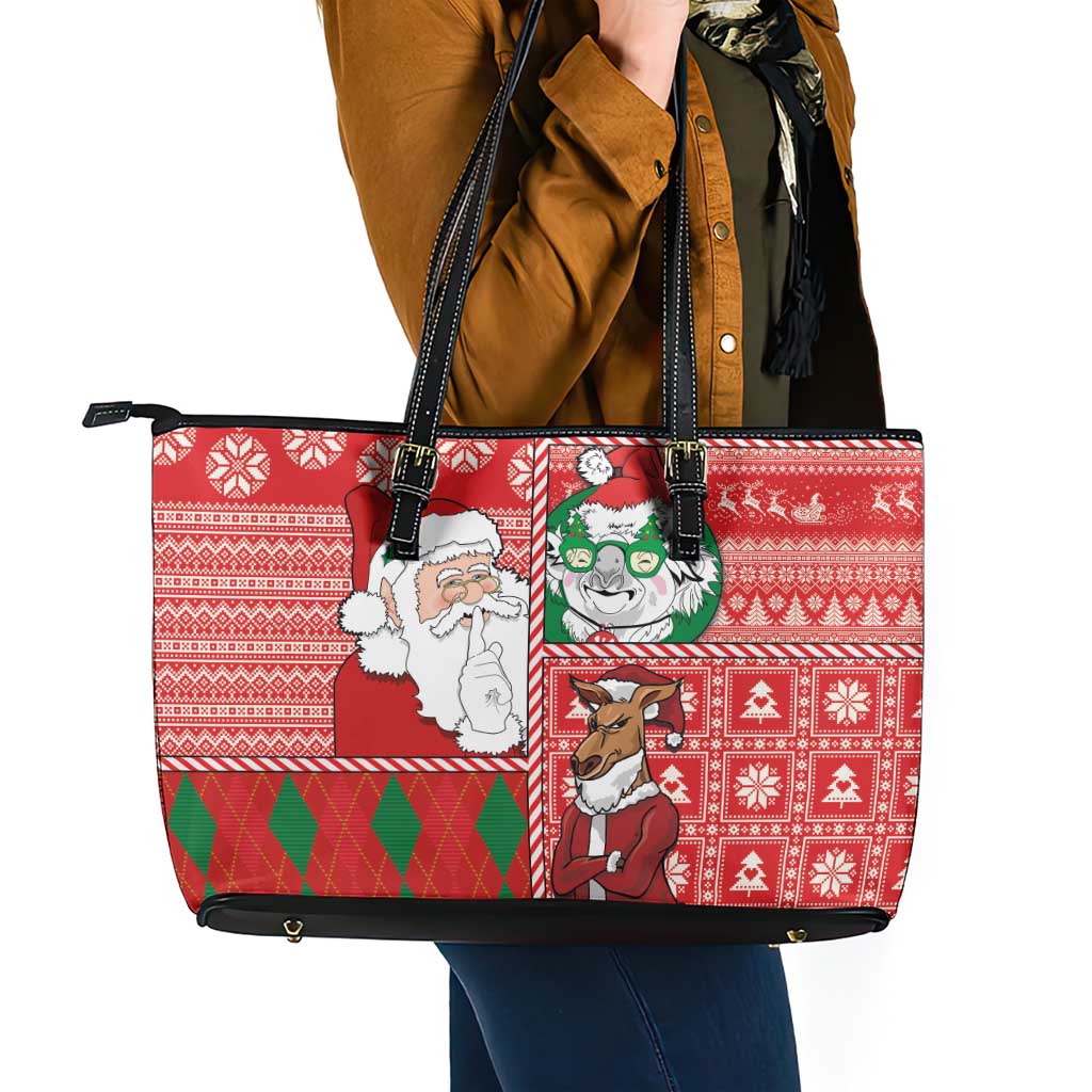 Australian Christmas Leather Tote Bag - Santa Koala Kangaroo and Holiday Cheer - Wonder Print Shop