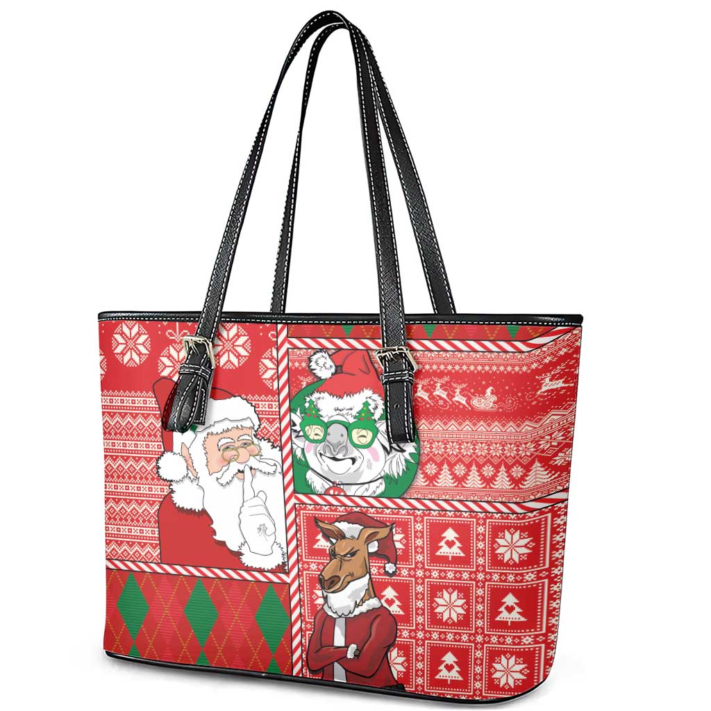 Australian Christmas Leather Tote Bag - Santa Koala Kangaroo and Holiday Cheer - Wonder Print Shop