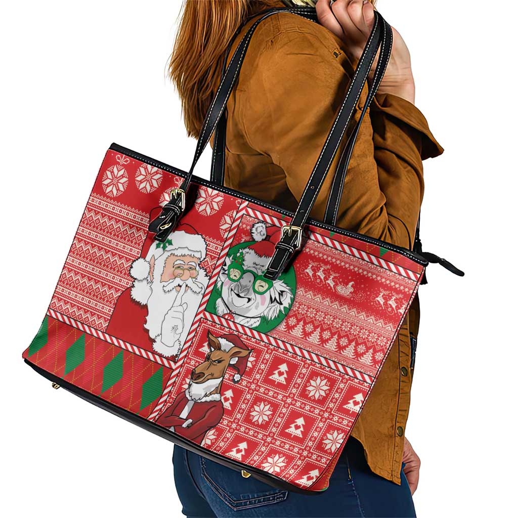 Australian Christmas Leather Tote Bag - Santa Koala Kangaroo and Holiday Cheer - Wonder Print Shop