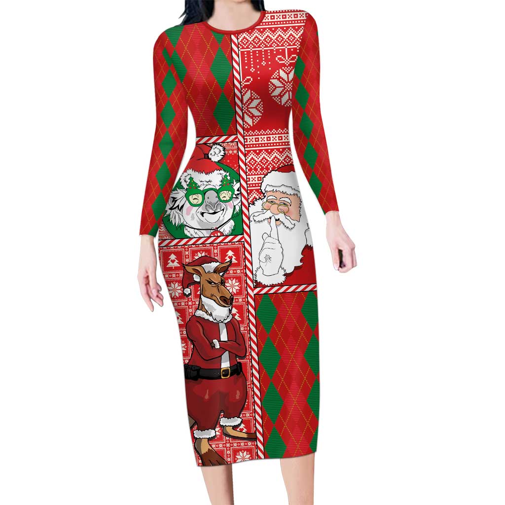 Australian Christmas Long Sleeve Bodycon Dress - Santa Koala Kangaroo and Holiday Cheer - Wonder Print Shop