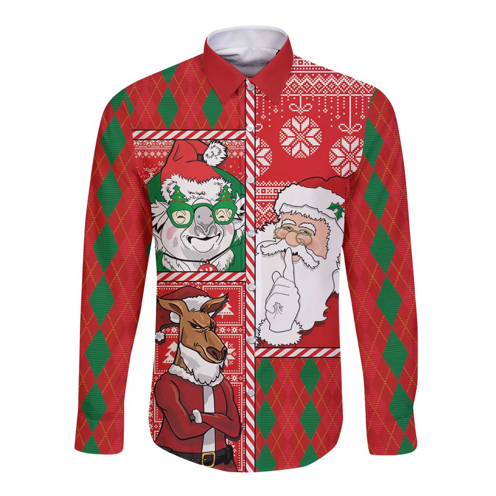 Australian Christmas Long Sleeve Button Shirt - Santa Koala Kangaroo and Holiday Cheer - Wonder Print Shop