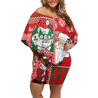 Australian Christmas Off Shoulder Short Dress - Santa Koala Kangaroo and Holiday Cheer - Wonder Print Shop