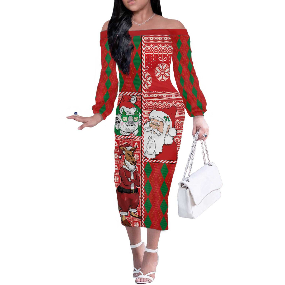 Australian Christmas Off The Shoulder Long Sleeve Dress - Santa Koala Kangaroo and Holiday Cheer - Wonder Print Shop