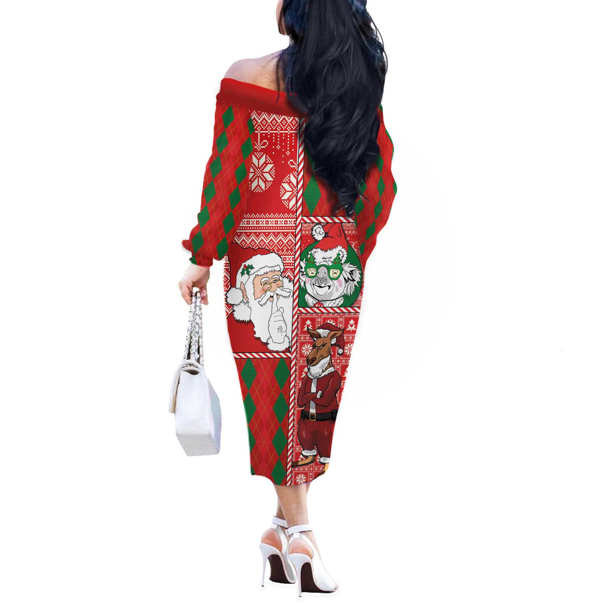 Australian Christmas Off The Shoulder Long Sleeve Dress - Santa Koala Kangaroo and Holiday Cheer - Wonder Print Shop