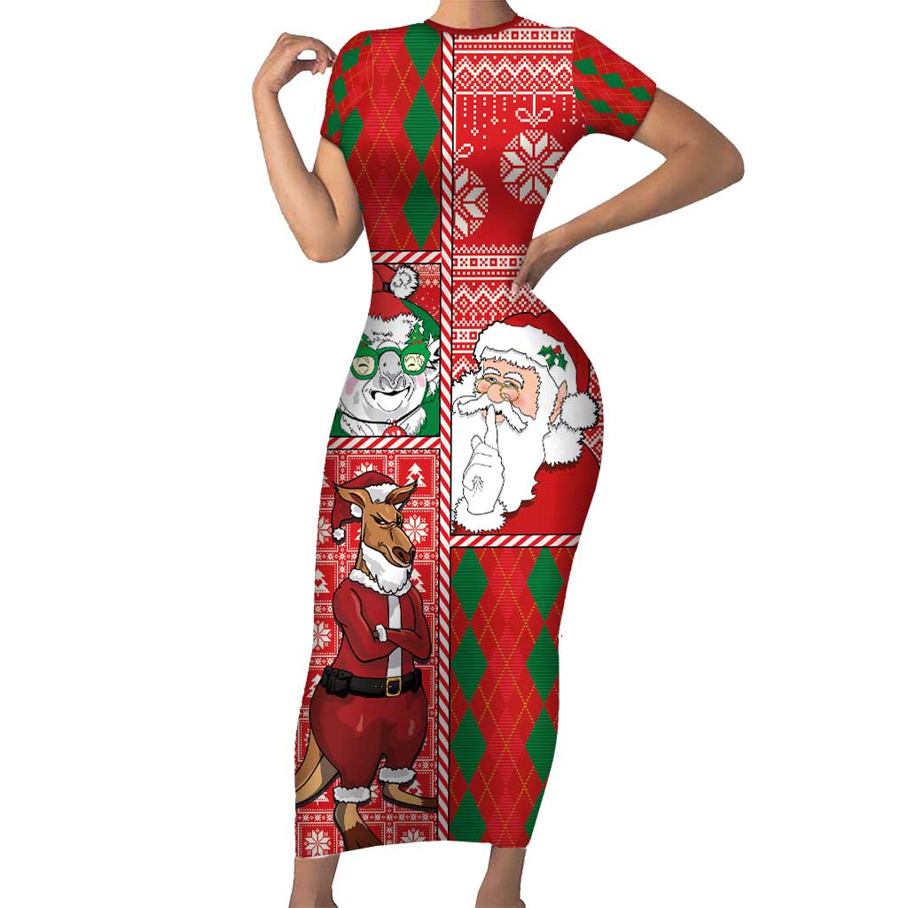 Australian Christmas Short Sleeve Bodycon Dress - Santa Koala Kangaroo and Holiday Cheer - Wonder Print Shop