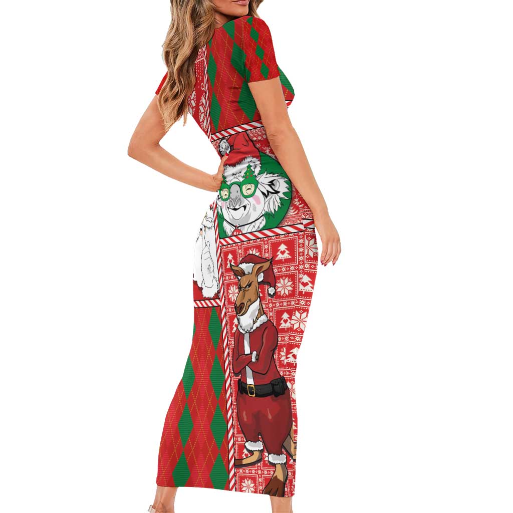 Australian Christmas Short Sleeve Bodycon Dress - Santa Koala Kangaroo and Holiday Cheer - Wonder Print Shop