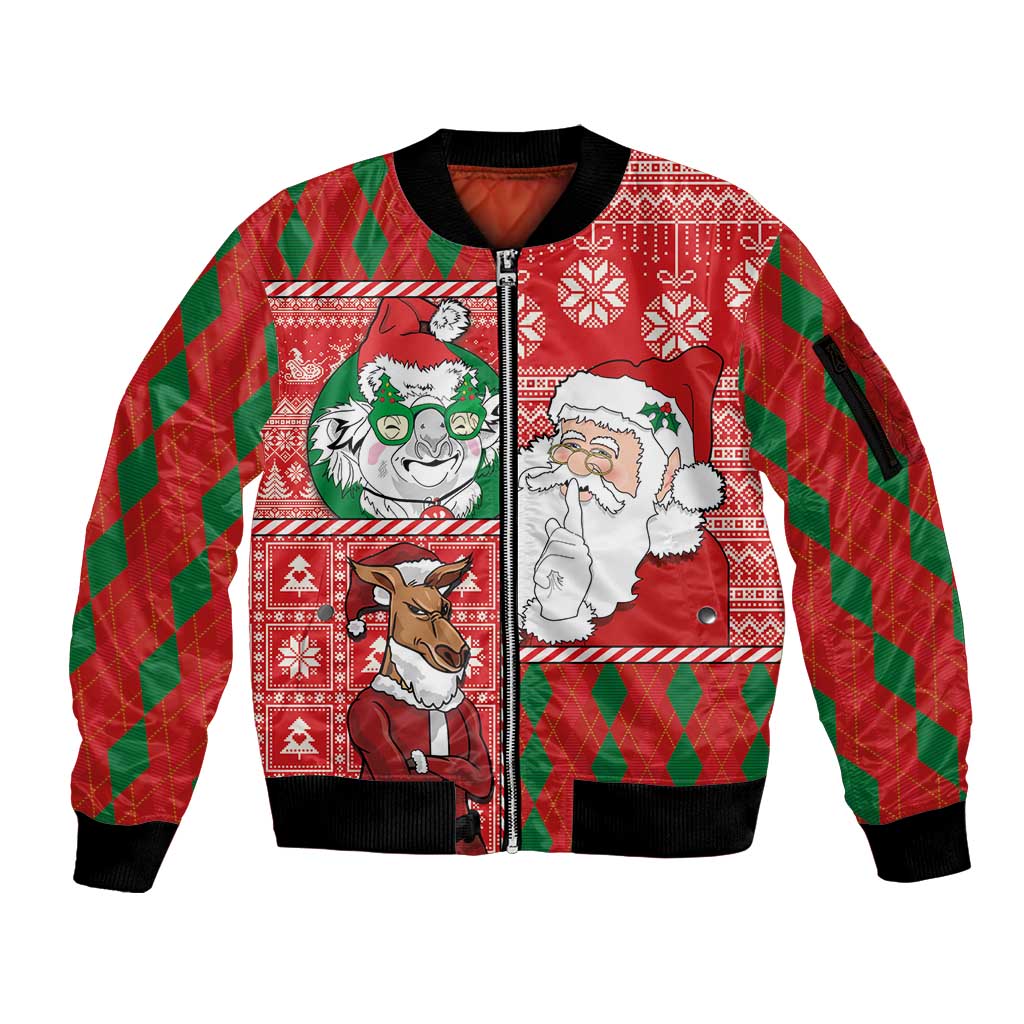 Australian Christmas Sleeve Zip Bomber Jacket - Santa Koala Kangaroo and Holiday Cheer - Wonder Print Shop