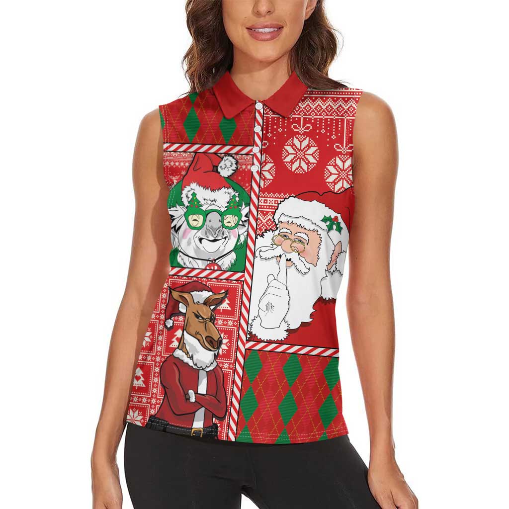 Australian Christmas Women Sleeveless Polo Shirt - Santa Koala Kangaroo and Holiday Cheer - Wonder Print Shop