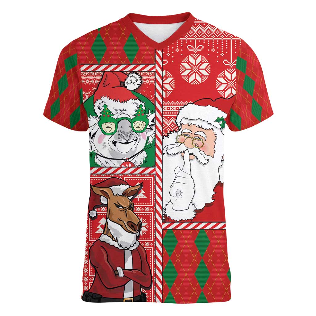 Australian Christmas Women V-Neck T-Shirt - Santa Koala Kangaroo and Holiday Cheer - Wonder Print Shop