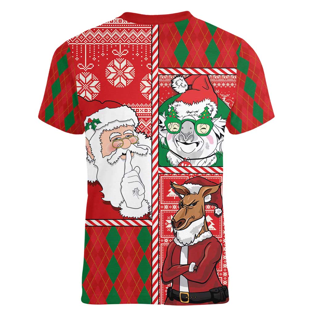 Australian Christmas Women V-Neck T-Shirt - Santa Koala Kangaroo and Holiday Cheer - Wonder Print Shop