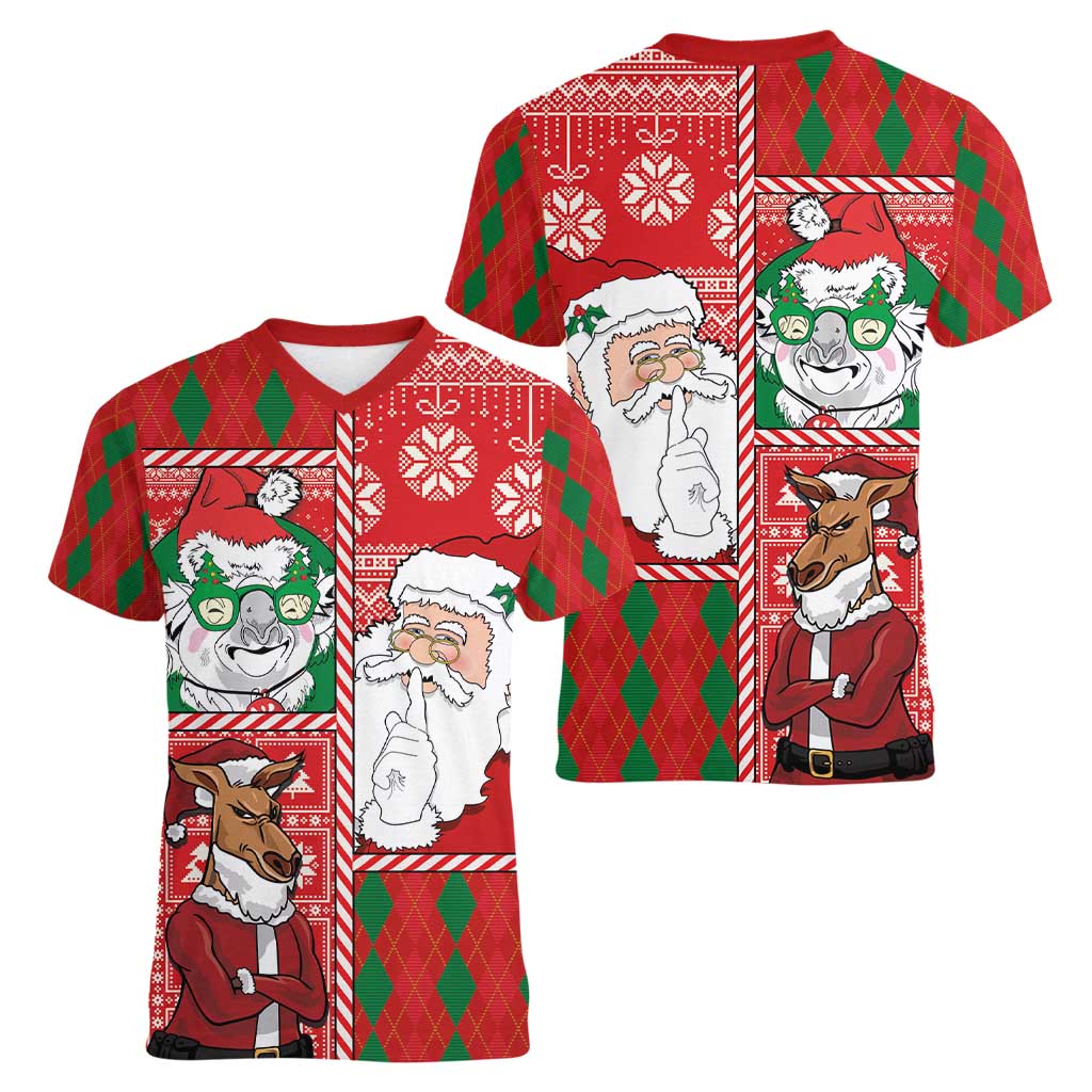 Australian Christmas Women V-Neck T-Shirt - Santa Koala Kangaroo and Holiday Cheer - Wonder Print Shop