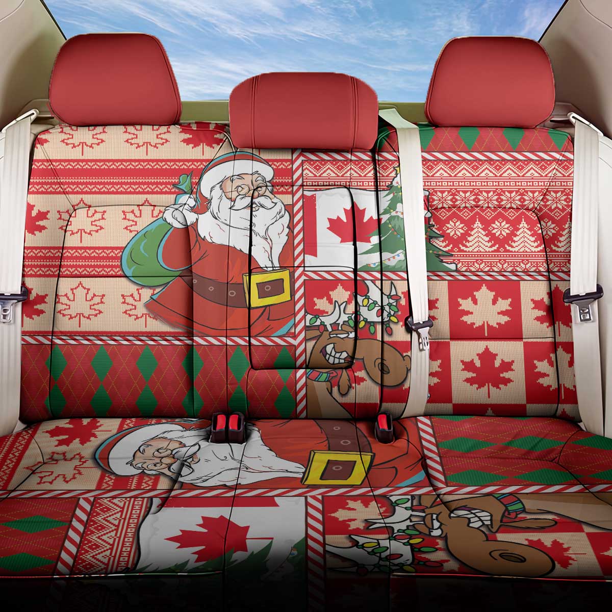 Canadian Christmas Back Car Seat Cover A Merry Xmas Santa and Funny Moose - Wonder Print Shop