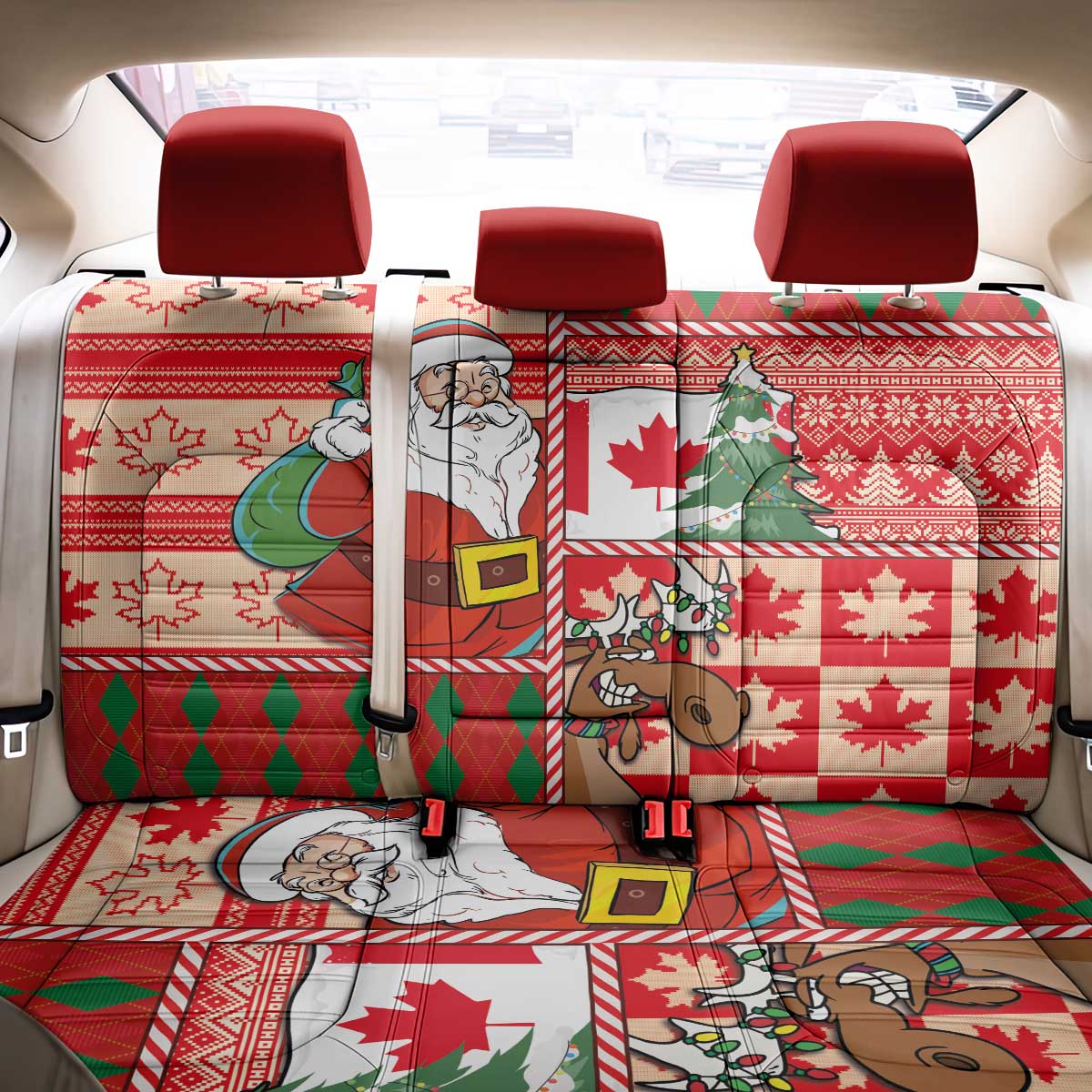 Canadian Christmas Back Car Seat Cover A Merry Xmas Santa and Funny Moose - Wonder Print Shop