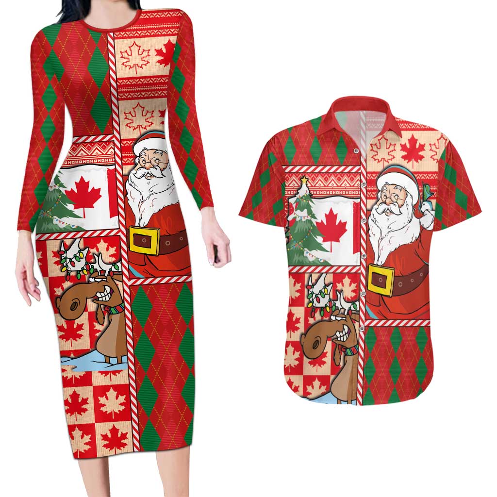 Canadian Christmas Couples Matching Long Sleeve Bodycon Dress and Hawaiian Shirt A Merry Xmas Santa and Funny Moose - Wonder Print Shop