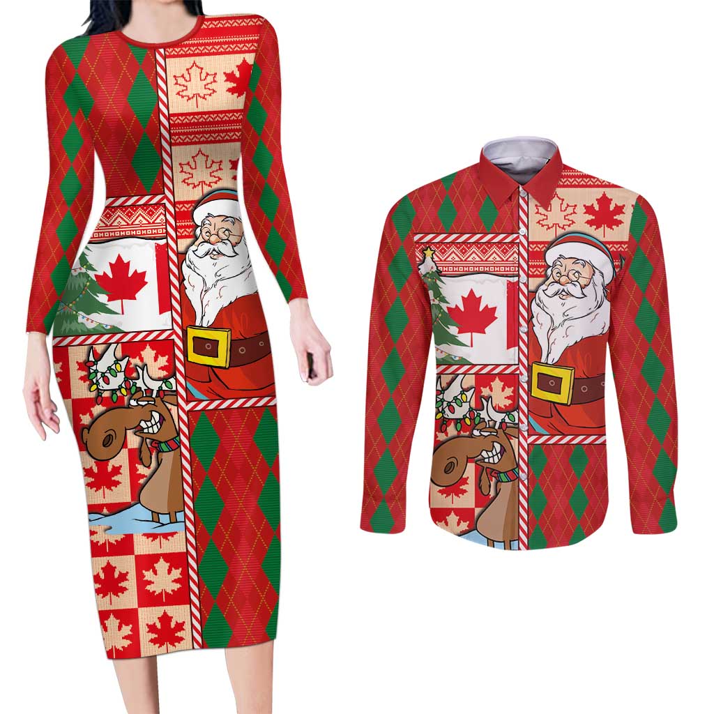 Canadian Christmas Couples Matching Long Sleeve Bodycon Dress and Long Sleeve Button Shirt A Merry Xmas Santa and Funny Moose - Wonder Print Shop