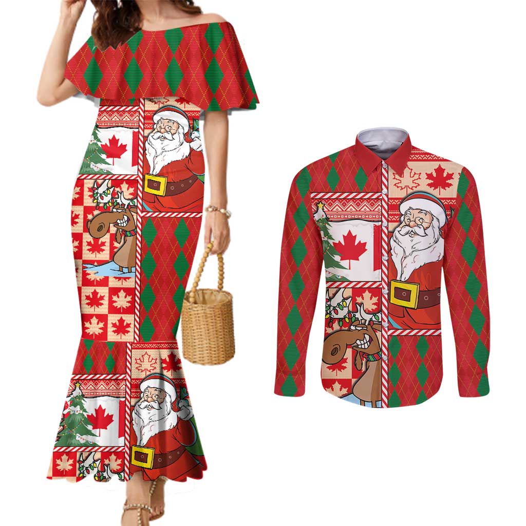 Canadian Christmas Couples Matching Mermaid Dress and Long Sleeve Button Shirt A Merry Xmas Santa and Funny Moose