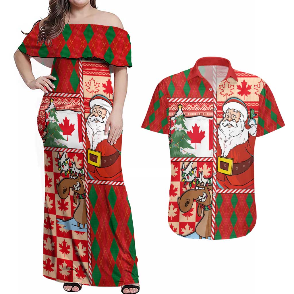 Canadian Christmas Couples Matching Off Shoulder Maxi Dress and Hawaiian Shirt A Merry Xmas Santa and Funny Moose - Wonder Print Shop