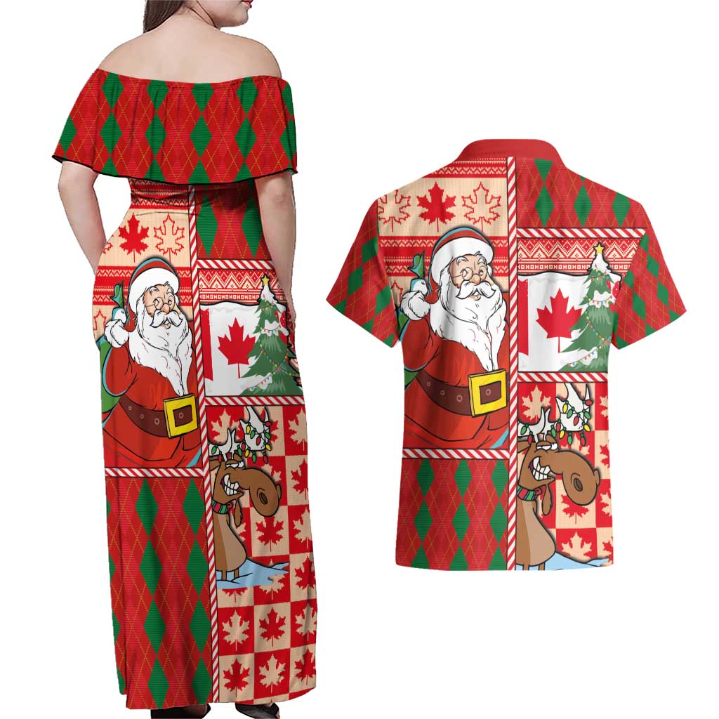 Canadian Christmas Couples Matching Off Shoulder Maxi Dress and Hawaiian Shirt A Merry Xmas Santa and Funny Moose - Wonder Print Shop