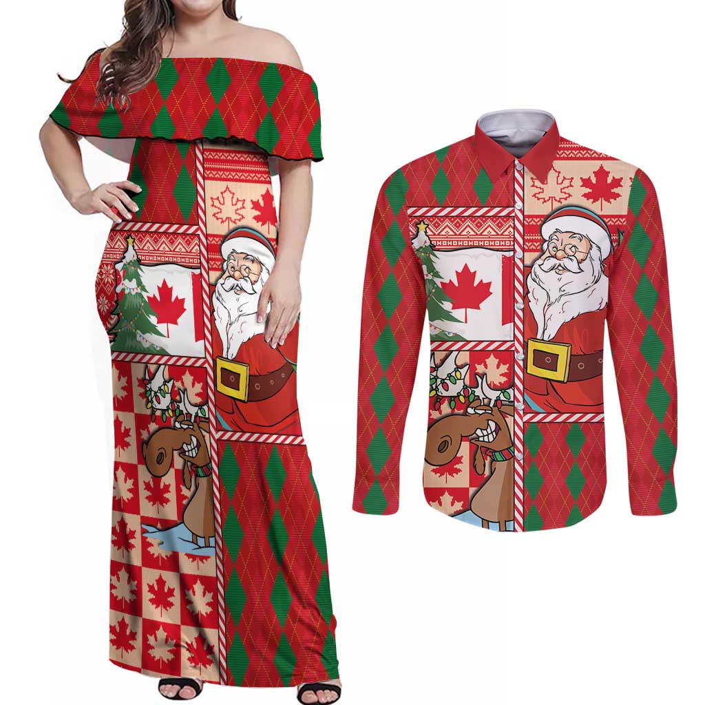 Canadian Christmas Couples Matching Off Shoulder Maxi Dress and Long Sleeve Button Shirt A Merry Xmas Santa and Funny Moose - Wonder Print Shop