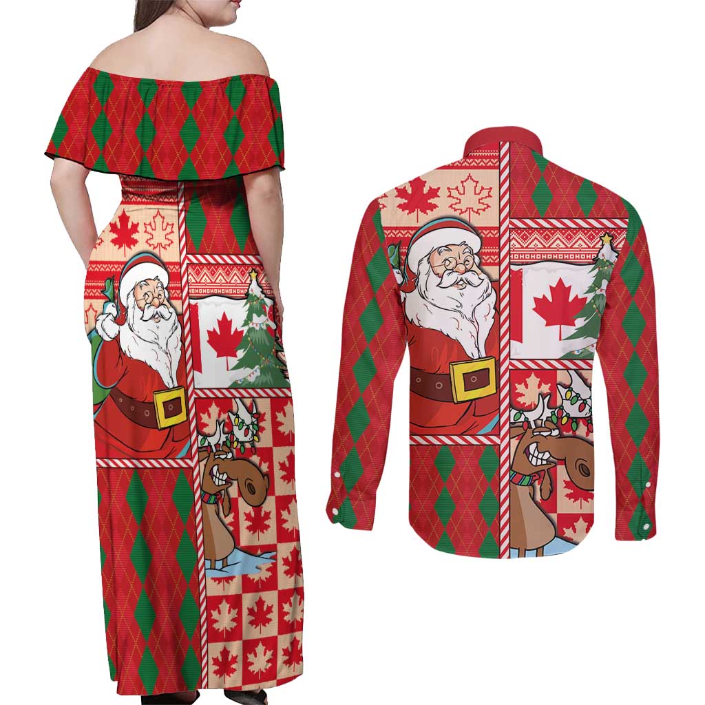 Canadian Christmas Couples Matching Off Shoulder Maxi Dress and Long Sleeve Button Shirt A Merry Xmas Santa and Funny Moose - Wonder Print Shop