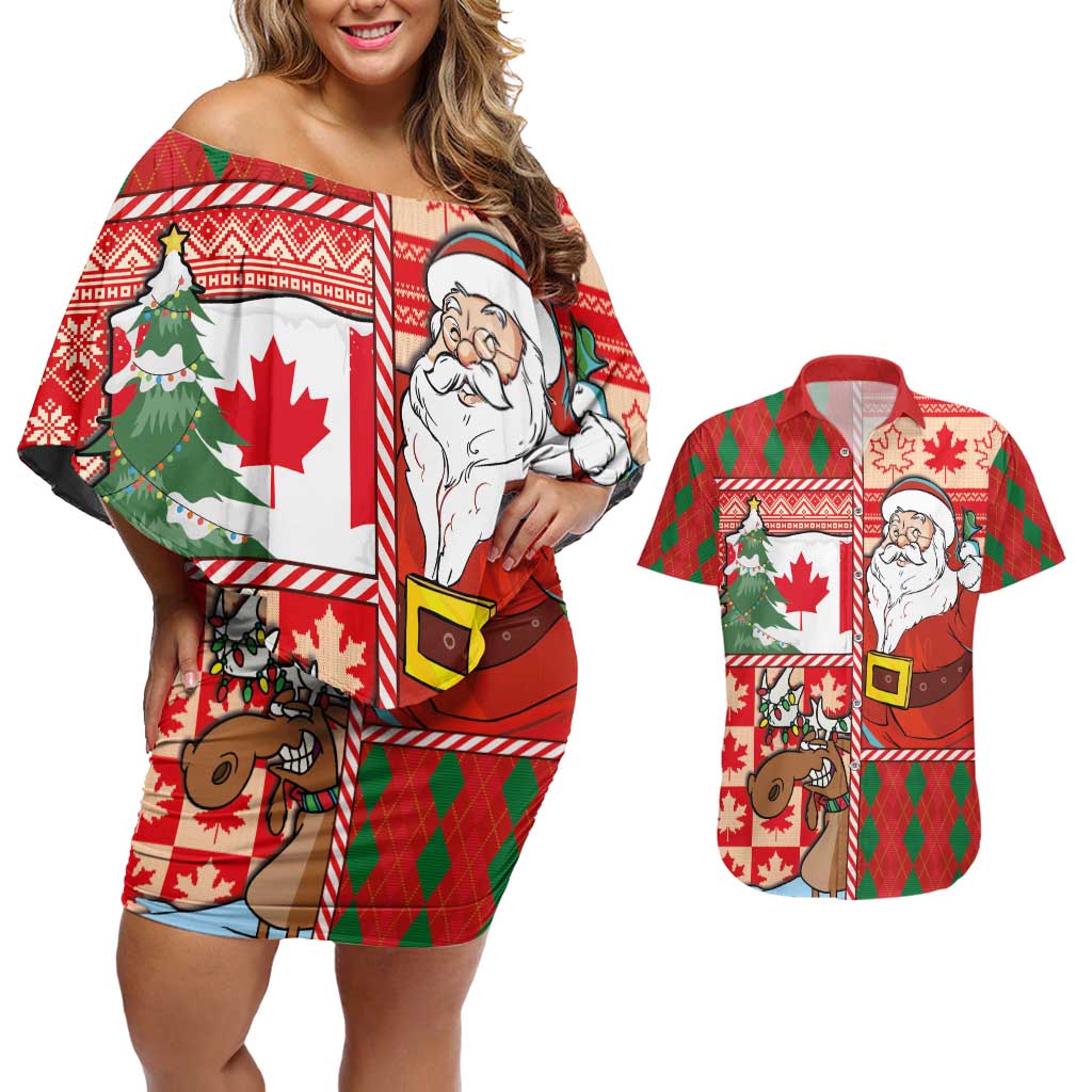Canadian Christmas Couples Matching Off Shoulder Short Dress and Hawaiian Shirt A Merry Xmas Santa and Funny Moose - Wonder Print Shop