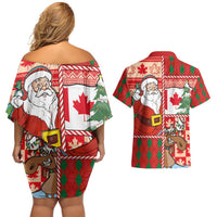 Canadian Christmas Couples Matching Off Shoulder Short Dress and Hawaiian Shirt A Merry Xmas Santa and Funny Moose - Wonder Print Shop
