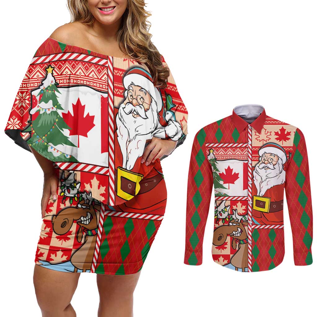 Canadian Christmas Couples Matching Off Shoulder Short Dress and Long Sleeve Button Shirt A Merry Xmas Santa and Funny Moose - Wonder Print Shop