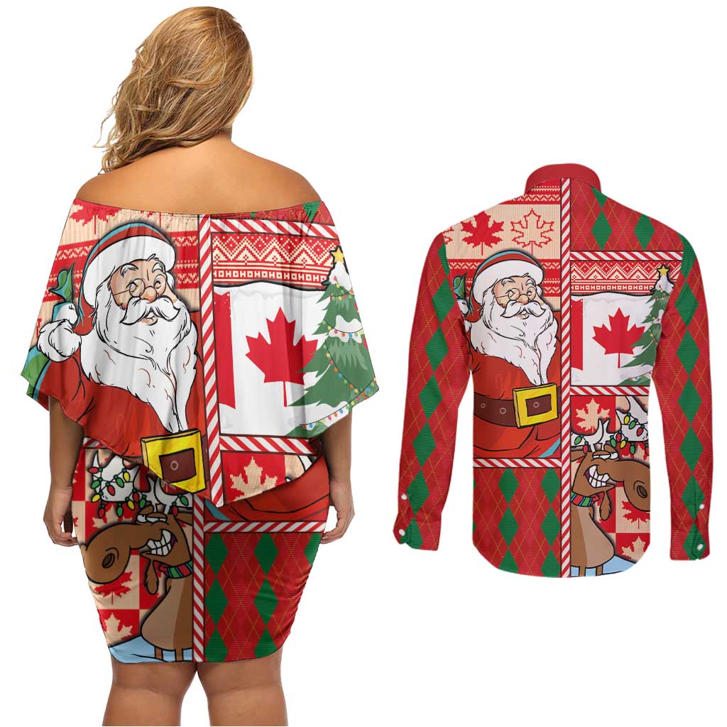 Canadian Christmas Couples Matching Off Shoulder Short Dress and Long Sleeve Button Shirt A Merry Xmas Santa and Funny Moose - Wonder Print Shop