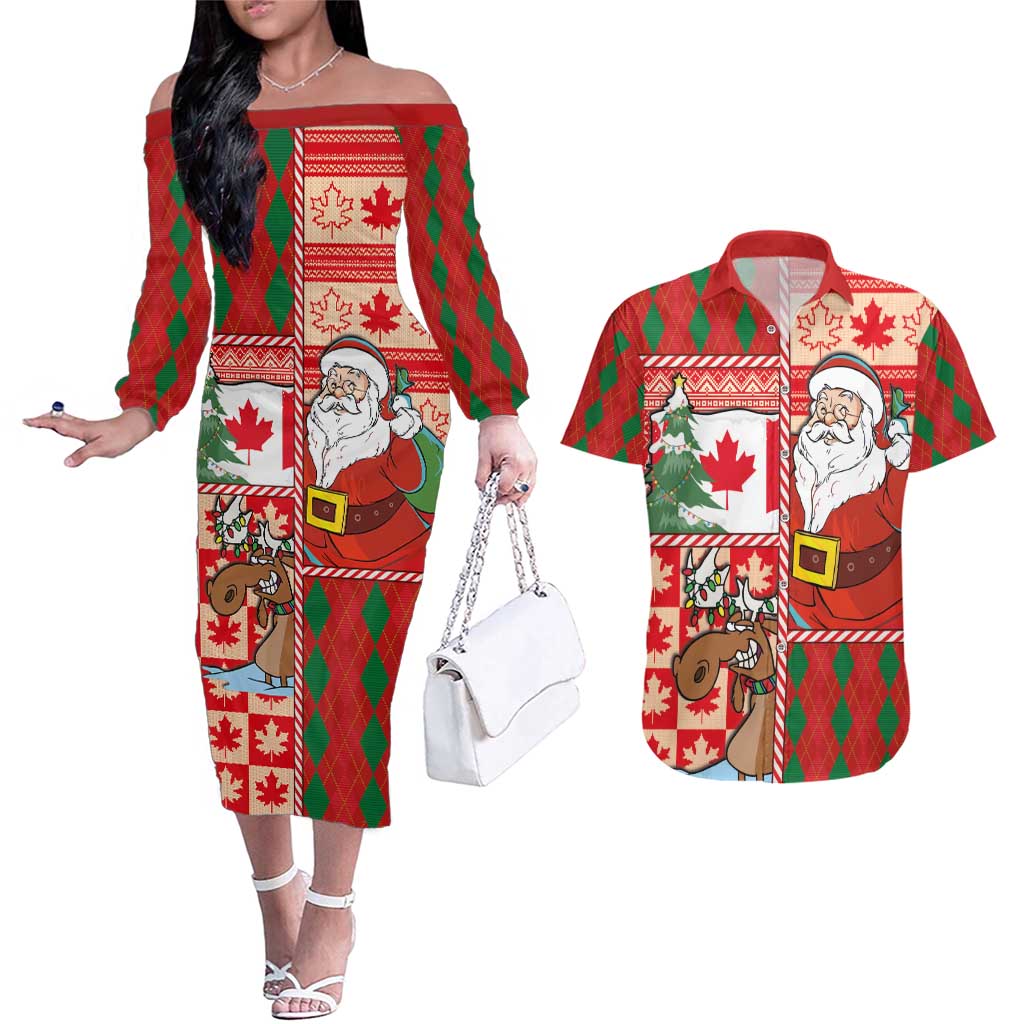 Canadian Christmas Couples Matching Off The Shoulder Long Sleeve Dress and Hawaiian Shirt A Merry Xmas Santa and Funny Moose - Wonder Print Shop