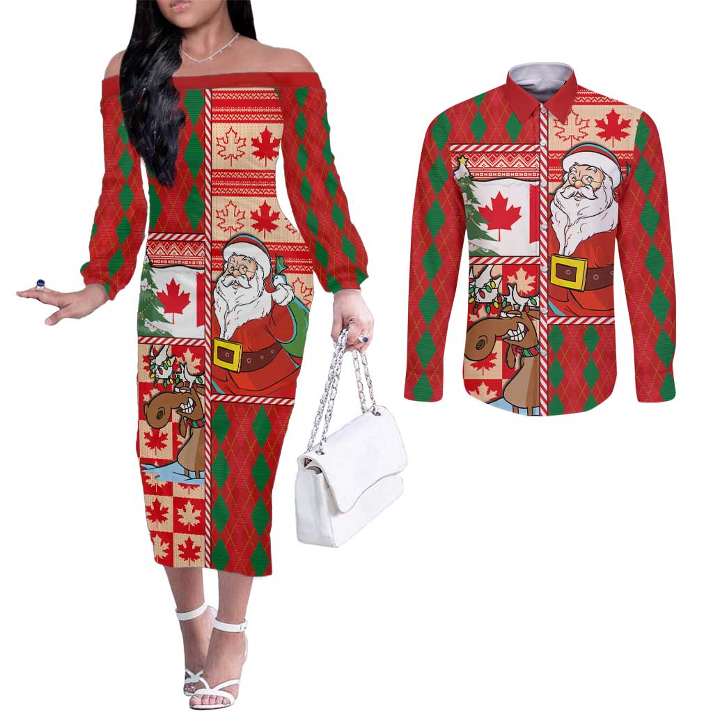 Canadian Christmas Couples Matching Off The Shoulder Long Sleeve Dress and Long Sleeve Button Shirt A Merry Xmas Santa and Funny Moose