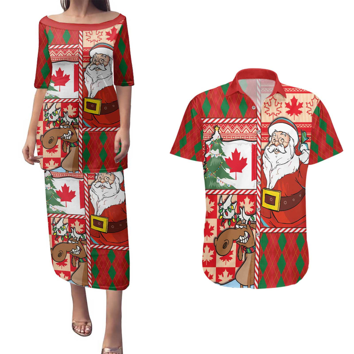 Canadian Christmas Couples Matching Puletasi and Hawaiian Shirt A Merry Xmas Santa and Funny Moose - Wonder Print Shop