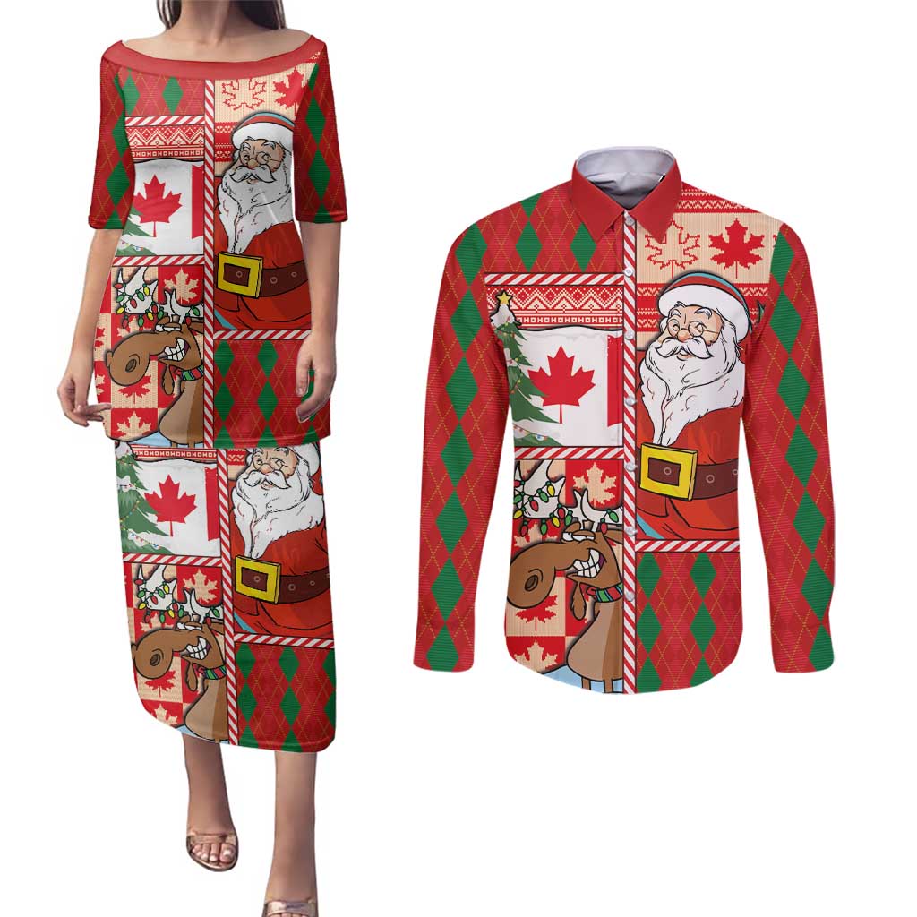 Canadian Christmas Couples Matching Puletasi and Long Sleeve Button Shirt A Merry Xmas Santa and Funny Moose - Wonder Print Shop