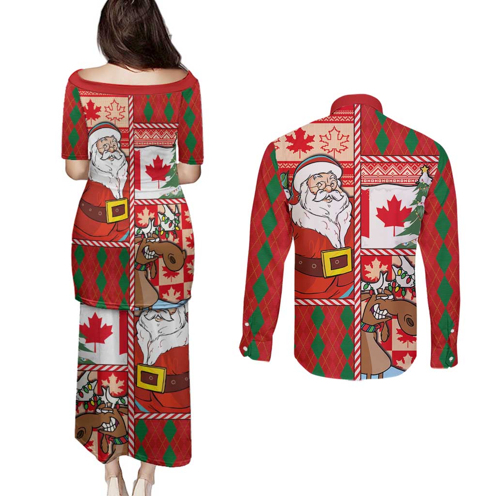Canadian Christmas Couples Matching Puletasi and Long Sleeve Button Shirt A Merry Xmas Santa and Funny Moose - Wonder Print Shop