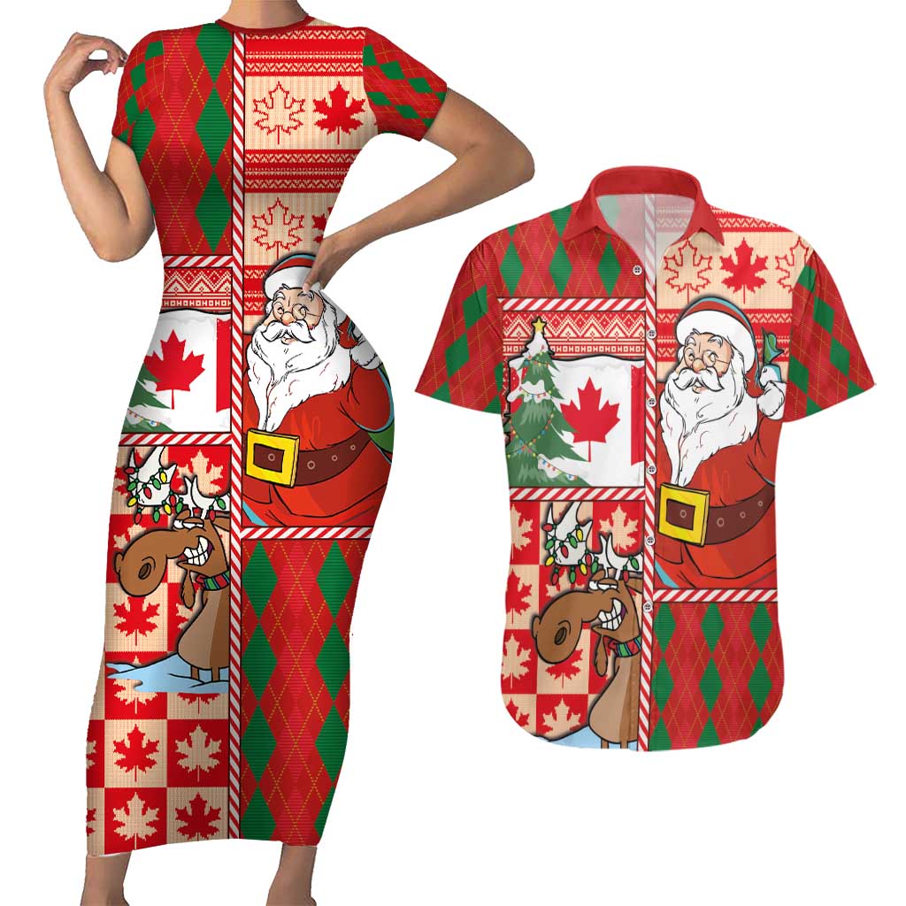 Canadian Christmas Couples Matching Short Sleeve Bodycon Dress and Hawaiian Shirt A Merry Xmas Santa and Funny Moose - Wonder Print Shop