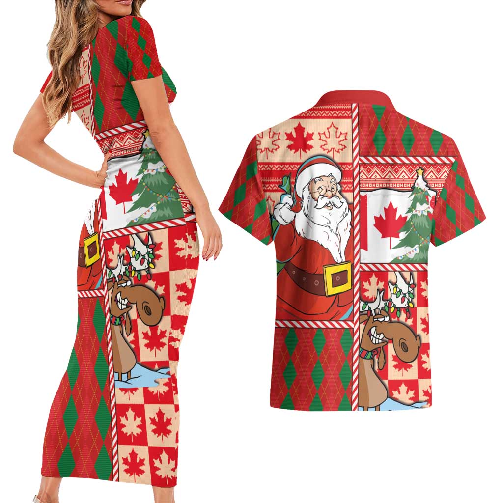 Canadian Christmas Couples Matching Short Sleeve Bodycon Dress and Hawaiian Shirt A Merry Xmas Santa and Funny Moose - Wonder Print Shop