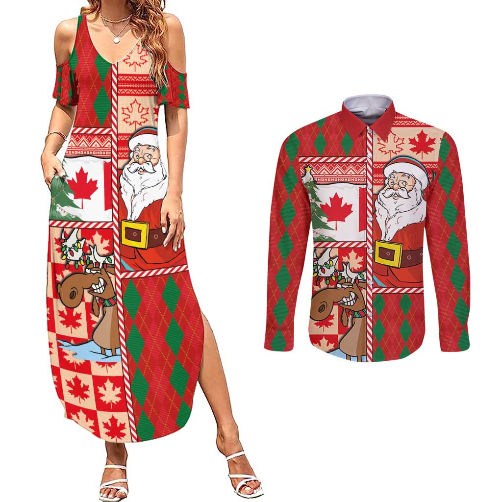 Canadian Christmas Couples Matching Summer Maxi Dress and Long Sleeve Button Shirt A Merry Xmas Santa and Funny Moose - Wonder Print Shop