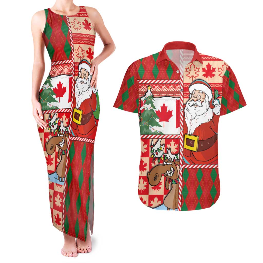 Canadian Christmas Couples Matching Tank Maxi Dress and Hawaiian Shirt A Merry Xmas Santa and Funny Moose - Wonder Print Shop