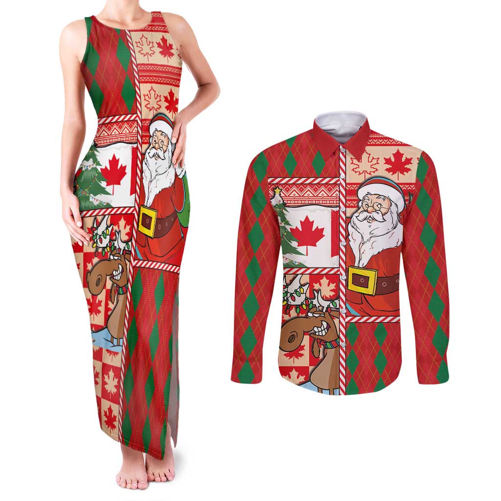 Canadian Christmas Couples Matching Tank Maxi Dress and Long Sleeve Button Shirt A Merry Xmas Santa and Funny Moose - Wonder Print Shop