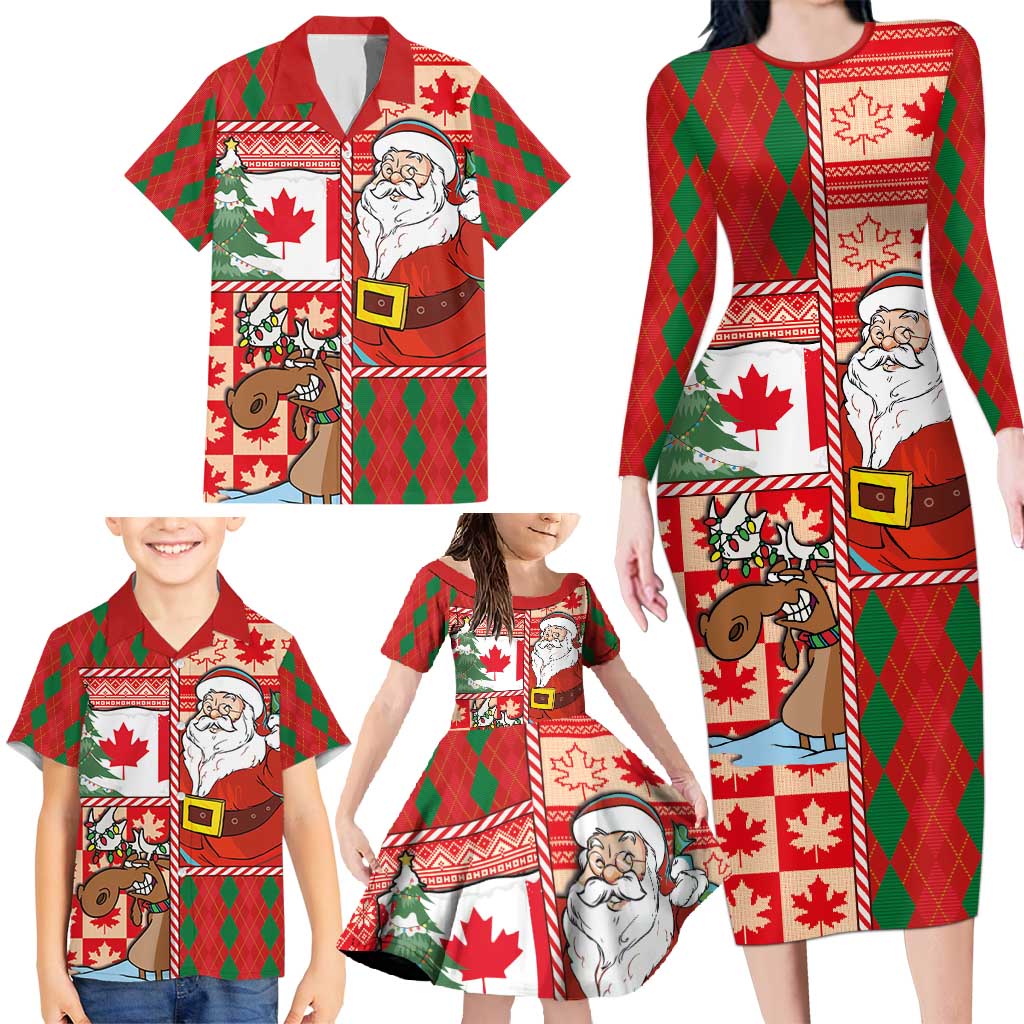 Canadian Christmas Family Matching Long Sleeve Bodycon Dress and Hawaiian Shirt A Merry Xmas Santa and Funny Moose - Wonder Print Shop
