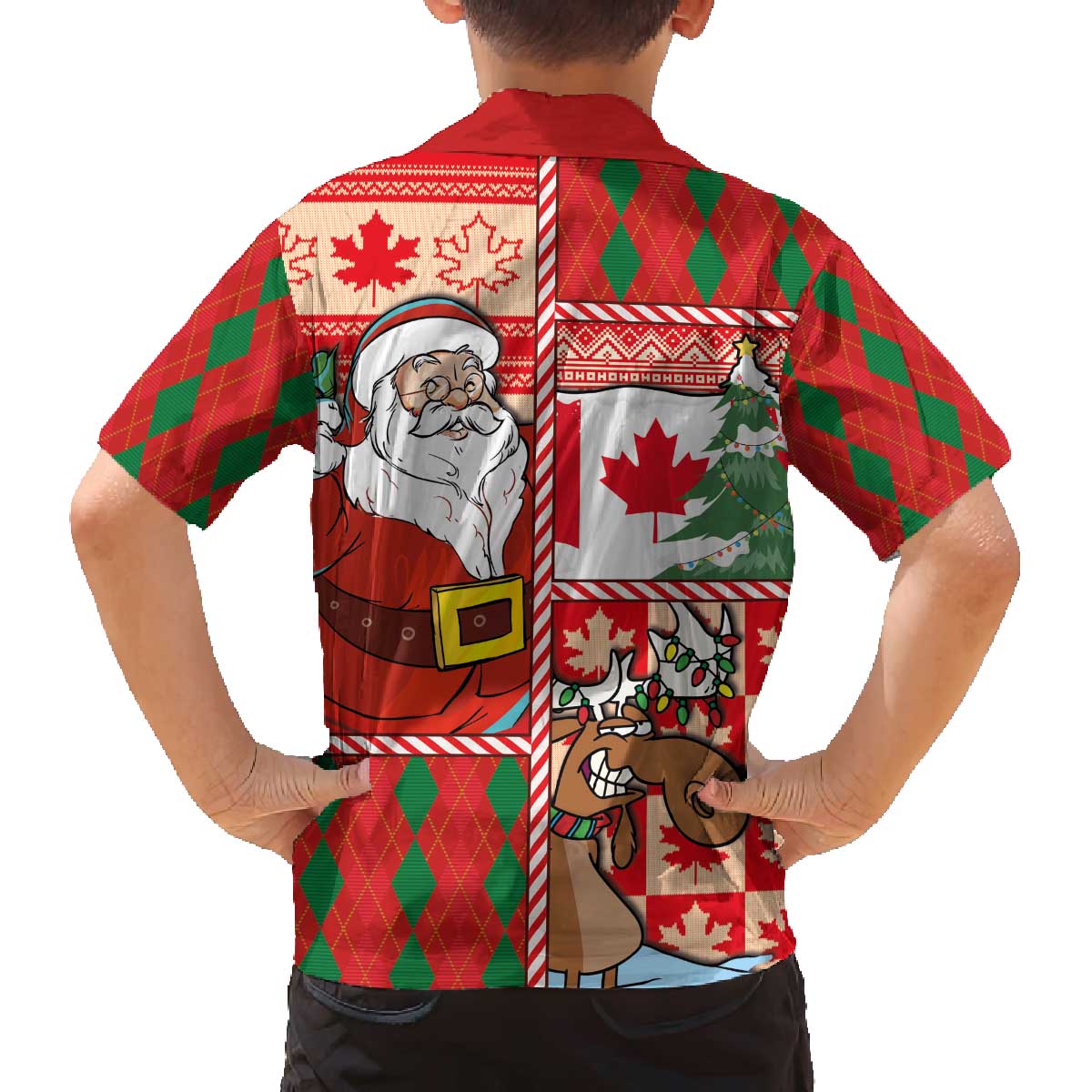 Canadian Christmas Family Matching Off The Shoulder Long Sleeve Dress and Hawaiian Shirt A Merry Xmas Santa and Funny Moose - Wonder Print Shop