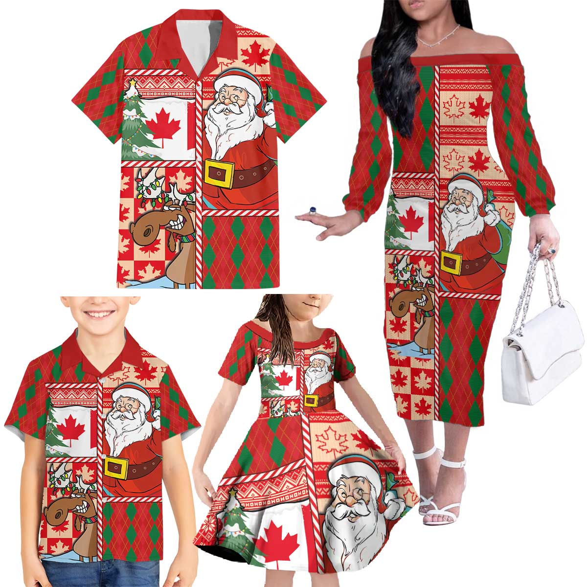 Canadian Christmas Family Matching Off The Shoulder Long Sleeve Dress and Hawaiian Shirt A Merry Xmas Santa and Funny Moose - Wonder Print Shop