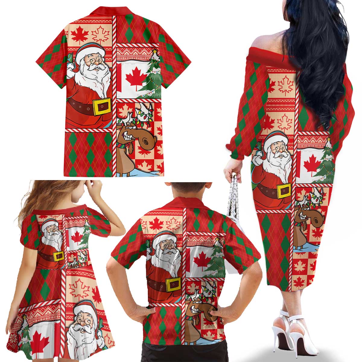 Canadian Christmas Family Matching Off The Shoulder Long Sleeve Dress and Hawaiian Shirt A Merry Xmas Santa and Funny Moose - Wonder Print Shop