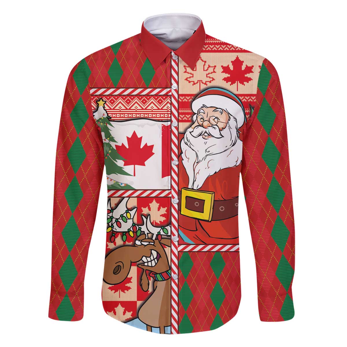 Canadian Christmas Family Matching Off The Shoulder Long Sleeve Dress and Hawaiian Shirt A Merry Xmas Santa and Funny Moose - Wonder Print Shop