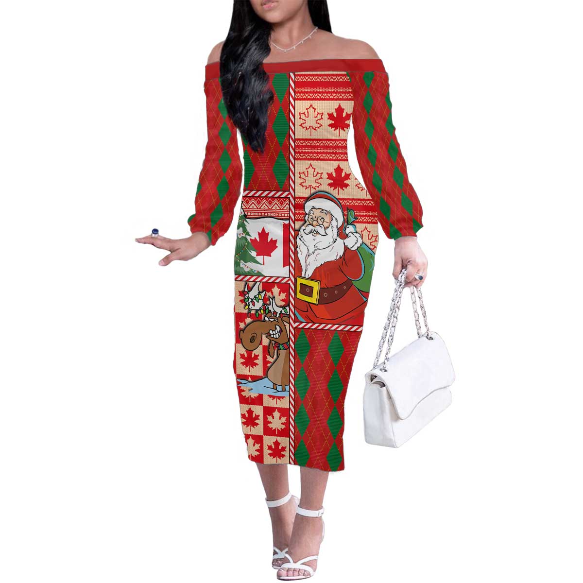 Canadian Christmas Family Matching Off The Shoulder Long Sleeve Dress and Hawaiian Shirt A Merry Xmas Santa and Funny Moose - Wonder Print Shop