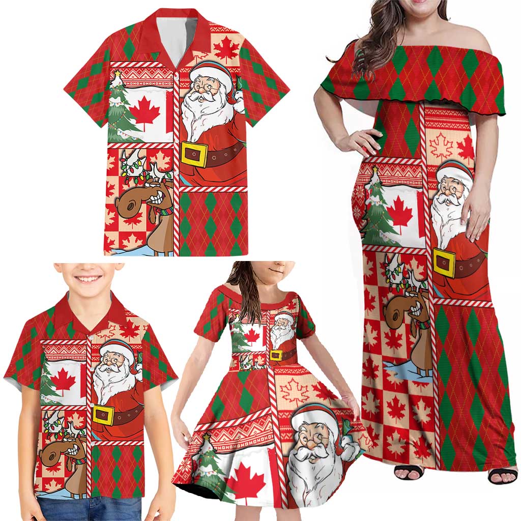 Canadian Christmas Family Matching Off Shoulder Maxi Dress and Hawaiian Shirt A Merry Xmas Santa and Funny Moose - Wonder Print Shop